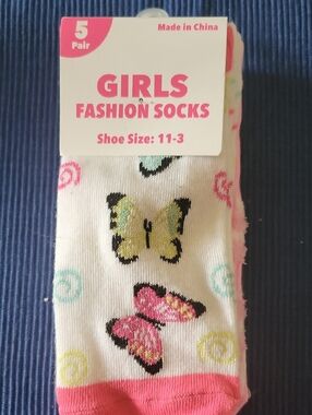 Girls Fashion Socks - Pink Butterfly Design 5 Pair